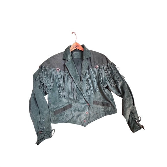 90s VTG Womens Vintage Green Suede Fringe Western Jacket Lace Up Back Size 4 / 6 - Picture 2 of 16